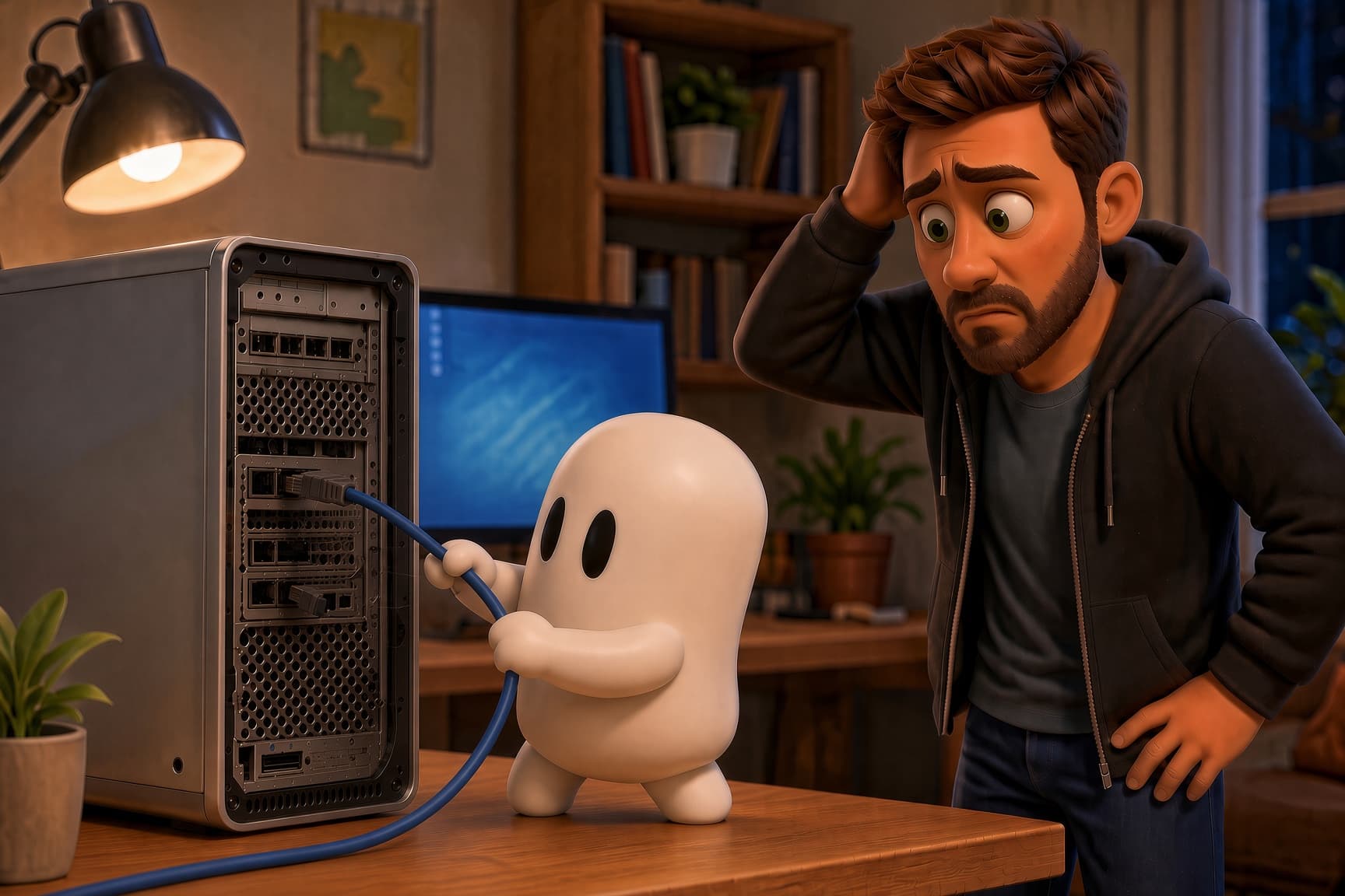 Tuesday. Rivet unplugs the desktop.